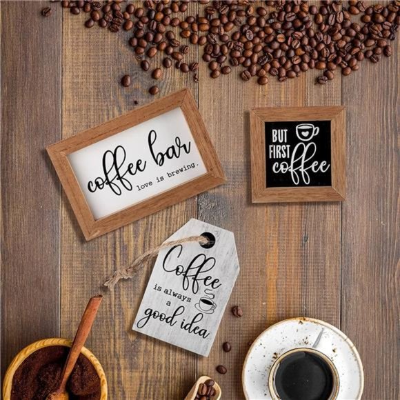 3 Pieces Mini Coffee Bar Sign Farmhouse Wooden But First Wood Chocolate Framed - Picture 4 of 6
